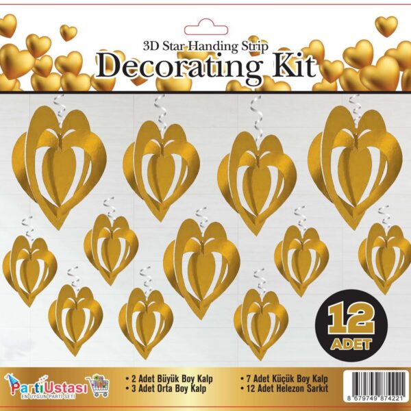 3D TAVAN SÜS 12 Lİ KALP GOLD